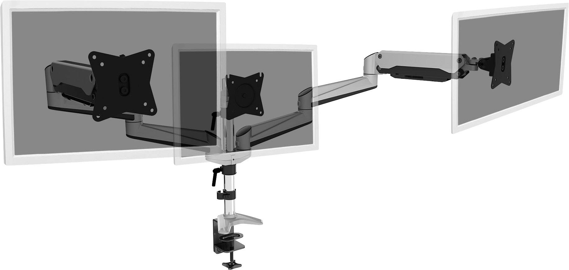 Dreifacher Monitorarm aus Metall; ermöglicht flexible Positionierung für drei Bildschirme. Befestigung über Klemme an einem Schreibtisch.