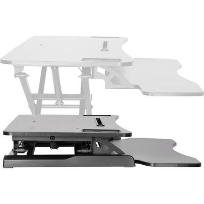 Höhenverstellbarer Schreibtischaufsatz in zwei Positionen gezeigt; ermöglicht ergonomische Arbeitspositionen im Sitzen und Stehen.