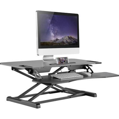 Verstellbarer Schreibtischaufsatz mit Computer, Tastatur und Smartphone-Halterung, ermöglicht ergonomisches Arbeiten im Stehen oder Sitzen.