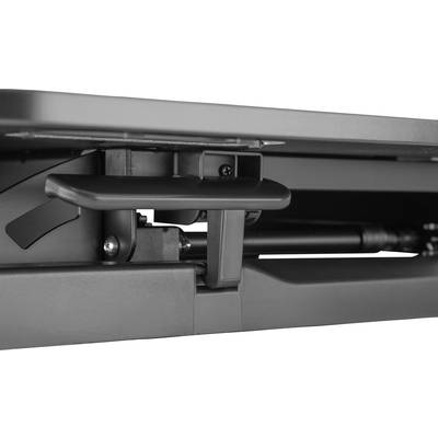 Ein Mechanismus eines höhenverstellbaren Tisches mit Hebel und Hydraulikstange, der die Anpassung der Tischhöhe ermöglicht.