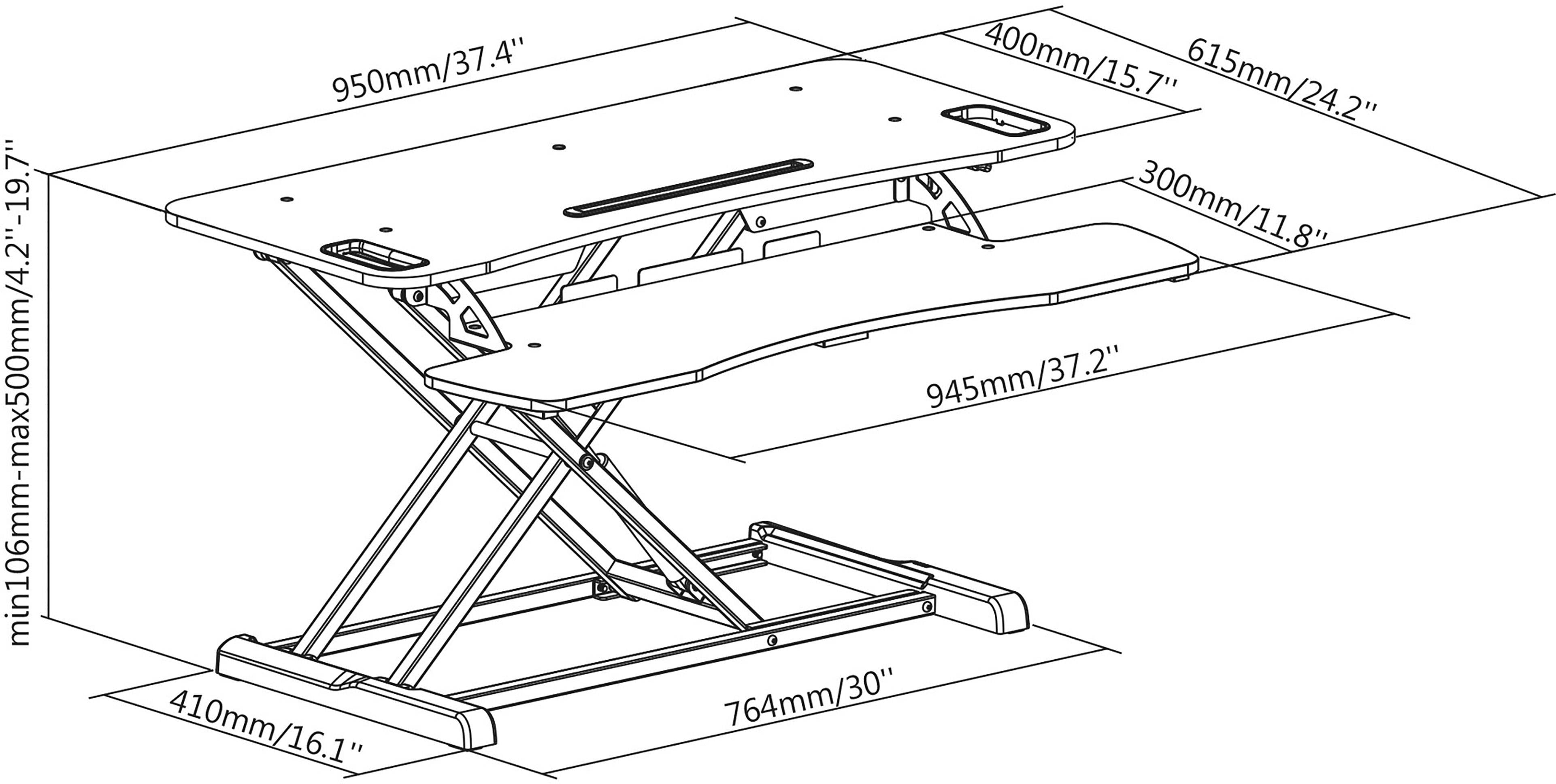 Zeichnung eines höhenverstellbaren Schreibtischaufsatzes mit Maßen in Millimetern und Zoll. Hauptplatte: 900mm x 400mm; Tastaturablage: 945mm x 300mm.
