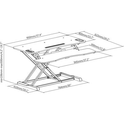 Zeichnung eines höhenverstellbaren Schreibtischaufsatzes mit Maßen in Millimetern und Zoll. Hauptplatte: 900mm x 400mm; Tastaturablage: 945mm x 300mm.
