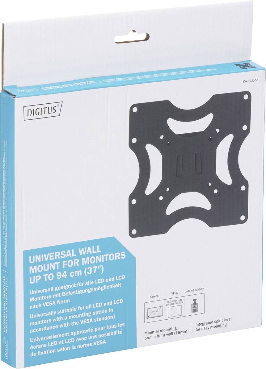 Verpackung eines universellen Wandhalters für Monitore bis 94 cm (37 Zoll) mit VESA-Norm. Abgebildet ist eine schwarze Halterung.