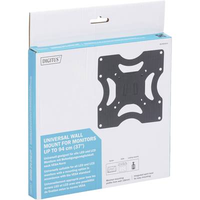 Verpackung eines universellen Wandhalters für Monitore bis 94 cm (37 Zoll) mit VESA-Norm. Abgebildet ist eine schwarze Halterung.