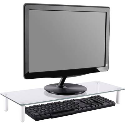Ein schwarzer Computerbildschirm auf einem Glasstifthalter, darunter eine Tastatur. Der Bildschirm ist ausgeschaltet.