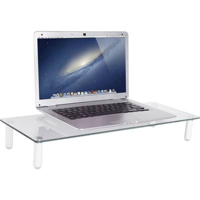 Silberner Laptop, der auf einem transparenten Glasständer steht. Der Bildschirm zeigt den Standard-MacOS-Hintergrund.
