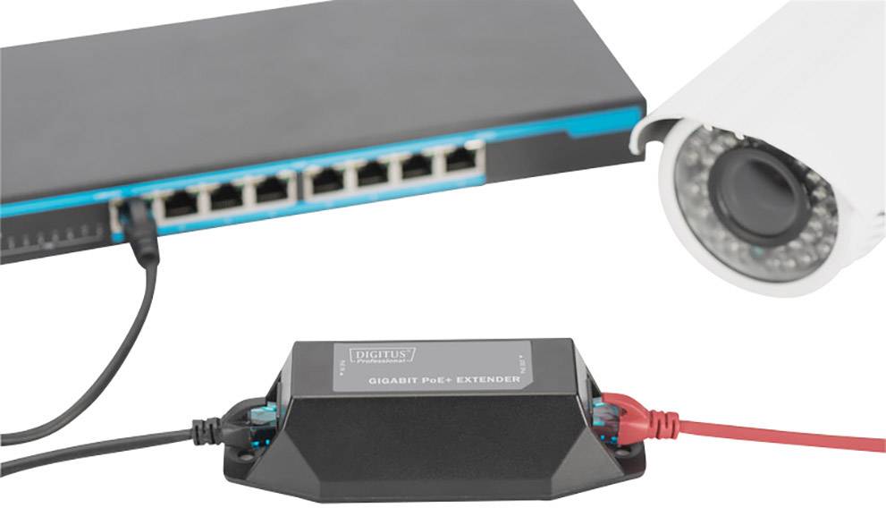 'Ein Gigabit PoE-Extender ist zwischen einem Netzwerk-Switch und einer Überwachungskamera angeschlossen. Verbindungskabel sind sichtbar.'