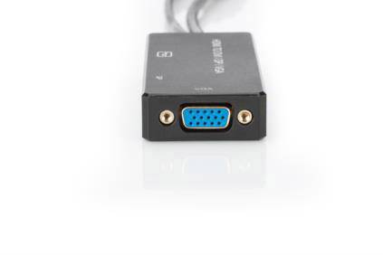 Ein schwarzer Adapter mit einer blauen VGA-Buchse, geeignet für den Anschluss von Computermonitoren oder Projektoren.