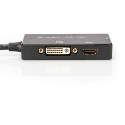 Ein Adapter mit Anschlüssen: DVI, HDMI und VGA, gekennzeichnet mit 'DP TO DVI/HDMI/VGA'.
