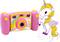 Eine pinke Kinderkamera mit Einhornmotiv und Regenbogen. Neben der Kamera ein illustriertes Einhorn auf einer Wolke.