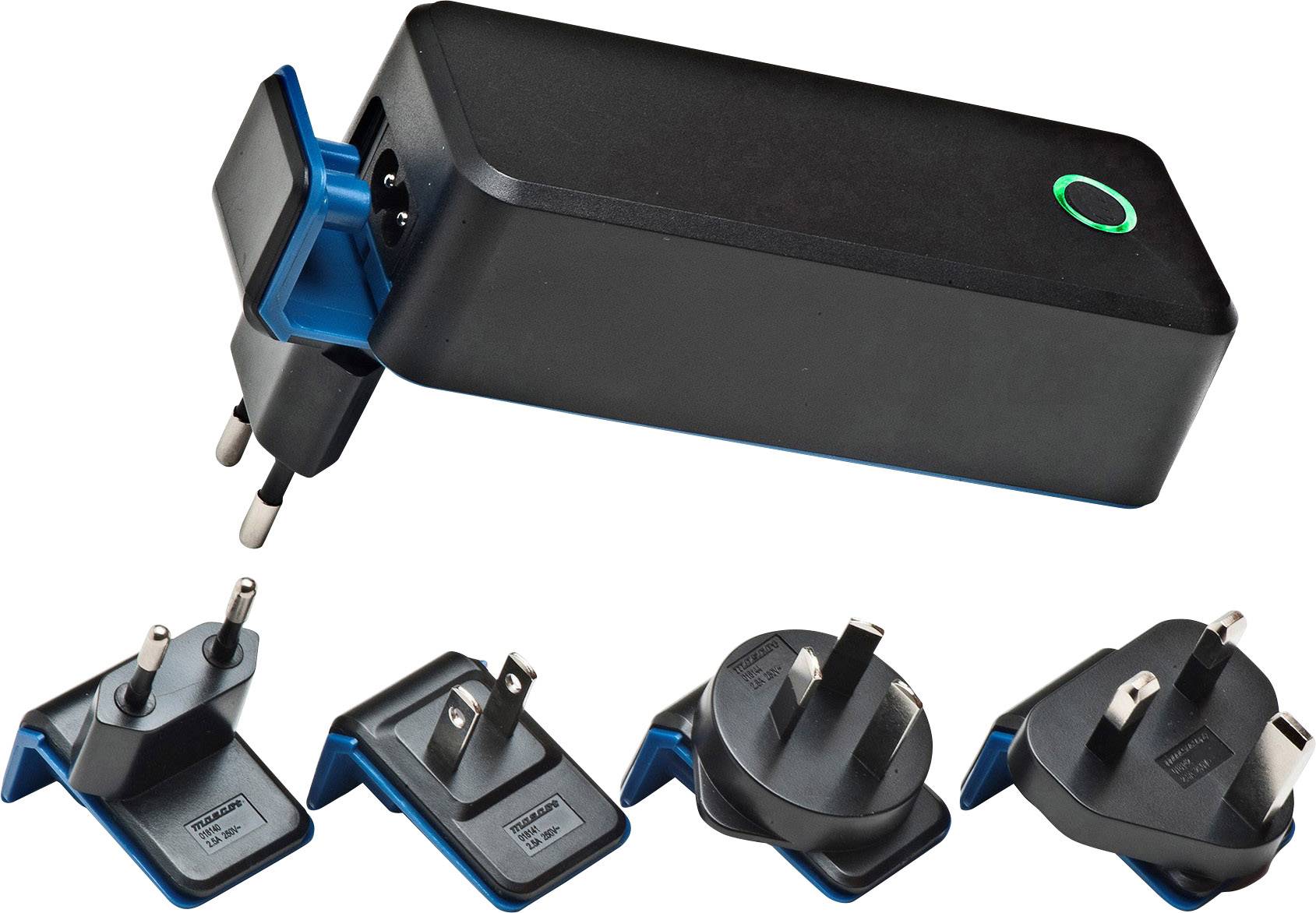 Ein Universal-Reiseadapter mit vier verschiedenen austauschbaren Steckdosenaufsätzen, geeignet für verschiedene Länderstandards.