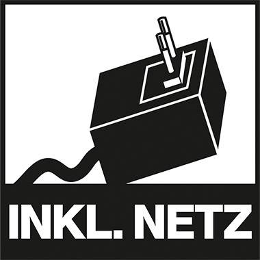 Elektrischer Stecker, der in eine Steckdose gesteckt ist, darunter der Text 'INKL. NETZ'.