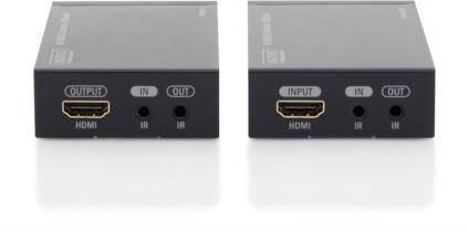 Zwei schwarze HDMI-Signalverstärker mit Anschlüssen und Beschriftungen 'HDMI', 'IN', 'OUT', 'IR' auf einer weißen Oberfläche.