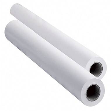 Zwei Rollen weißes Plotterpapier liegen schräg nebeneinander auf einem weißen Hintergrund.