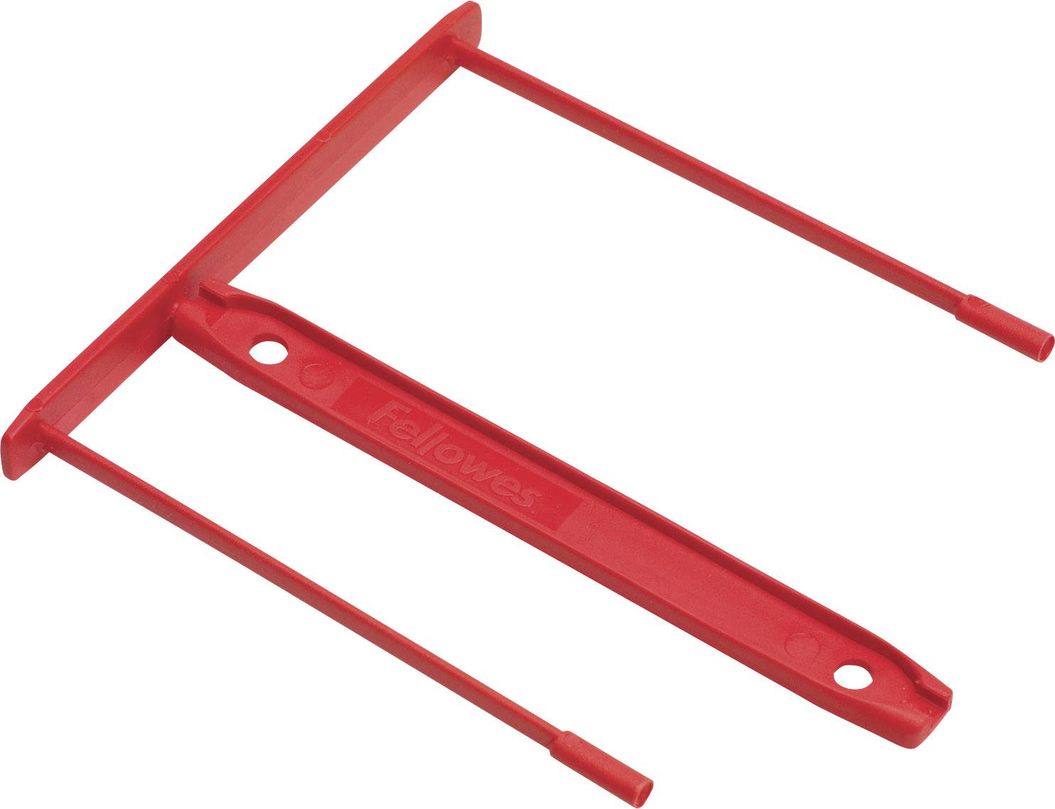 Ein roter Metallbügel mit zwei Armen und einer Basis, verwendet zum Halten von Dokumenten in Hängemappen.