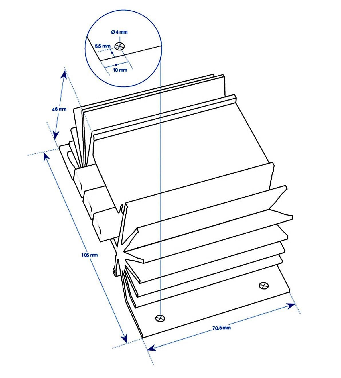 Technische Zeichnung eines Kühlkörpers mit Maßen: Höhe 105 mm, Breite 70,5 mm, Materialstärke 4 mm.