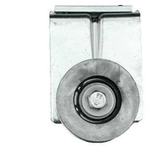 Metallrolle mit runder Scheibe und zentraler Schraube, wahrscheinlich Teil eines Schiebesystems oder einer Maschine.