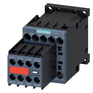 Ein elektrischer Schütz von Siemens, Modell 'SIRIUS', mit mehreren Anschlüssen und einem roten Schaltelement auf der Vorderseite.
