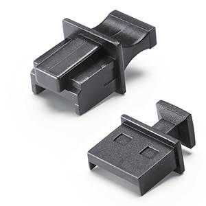 Zwei schwarze, rechteckige Kunststoffteile mit Steckverbindern, die zur elektrischen Verbindung oder für den mechanischen Zusammenbau verwendet werden.