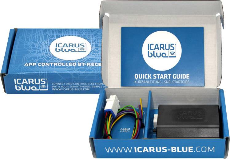 Geöffnete Verpackung eines Bluetooth-Empfängers mit der Aufschrift 'Icarus Blue'. Enthält Bedienungsanleitung und Kabel.
