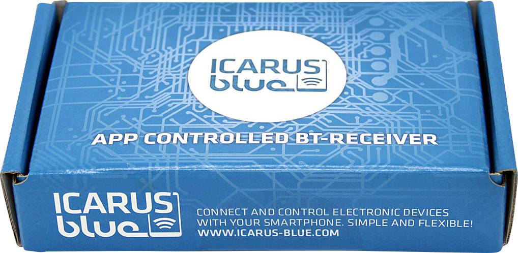 Blau bedruckte Produktverpackung eines app-gesteuerten Bluetooth-Empfängers mit Firmenname 'ICARUS blue' und Webseite 'www.icarus-blue.com'.