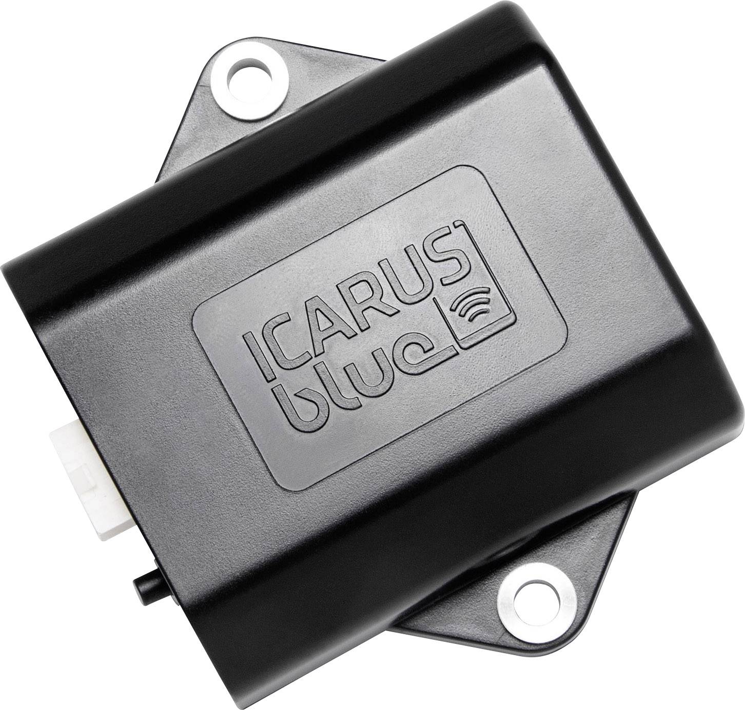 Schwarzes elektronisches Gerät mit dem Schriftzug 'ICARUS blue' auf der Vorderseite, in dreieckiger Form mit abgerundeten Ecken.