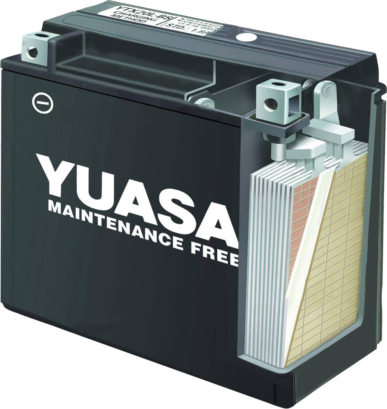 Eine schwarz-graue Autobatterie der Marke Yuasa mit der Aufschrift 'Maintenance Free'. Zeigt detaillierte Innenstruktur.