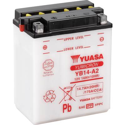 Weiße Yuasa-Batterie mit schwarzem Deckel, rotem Logo und Kapazitätsangaben: 12V, 14Ah. Markierungen für maximale und minimale Füllhöhe.
