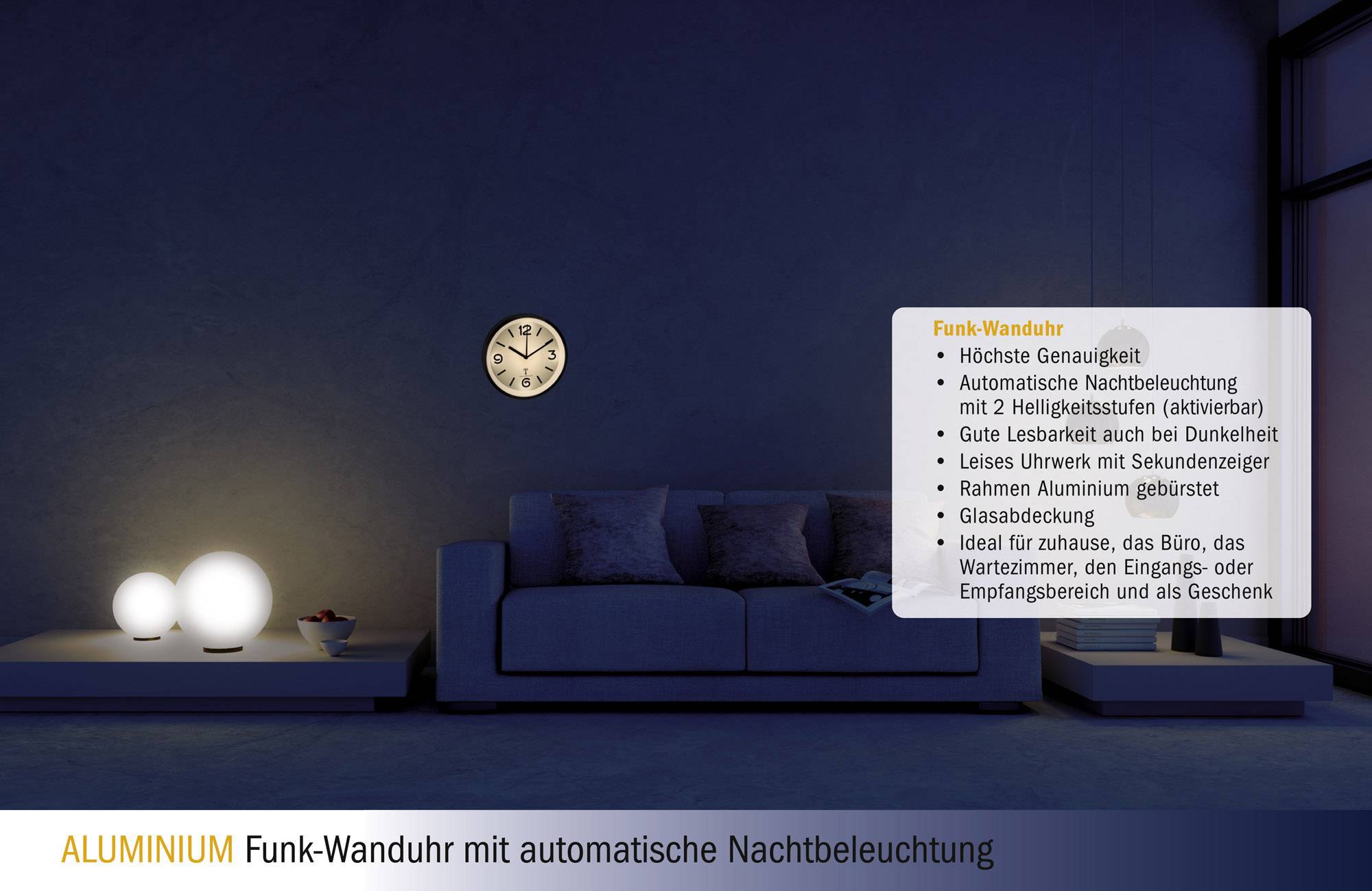 TFA Dostmann Funk Wanduhr 253 mm x 42 mm Aluminium