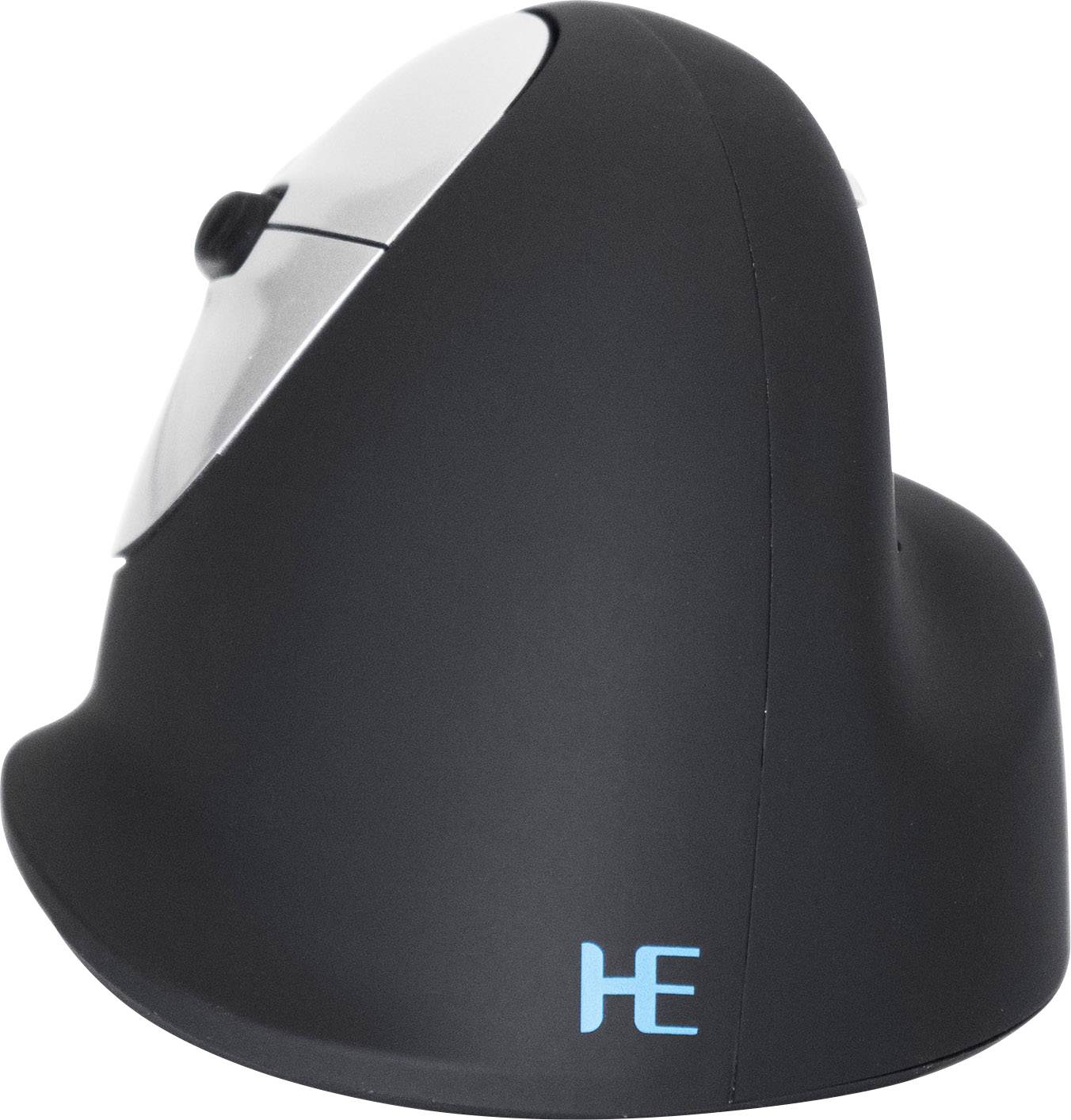 Vertikale ergonomische Maus in Schwarz mit glänzenden Tasten und einem blauen Logo an der Seite, optimiert für komfortable Handhabung.