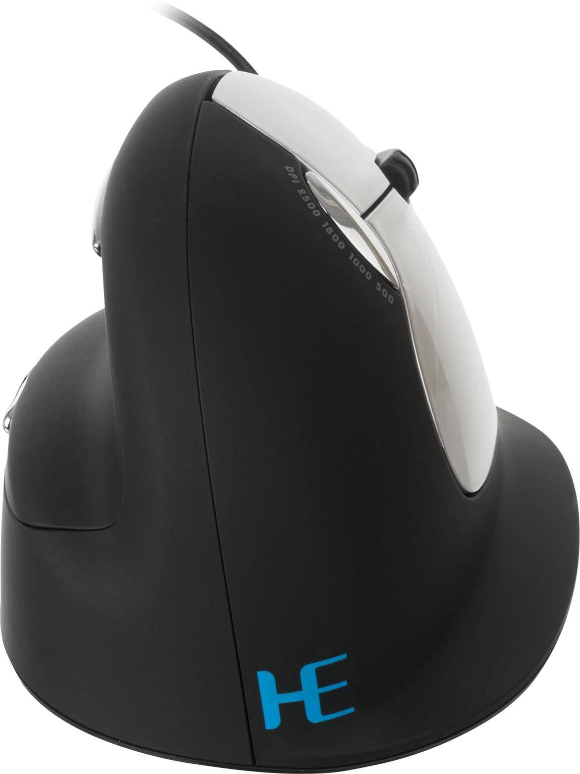 Vertikale ergonomische Maus in Schwarz mit USB-Kabel, geeignet für rechtsseitige Nutzung, bietet verbesserten Komfort und Handgelenksunterstützung.