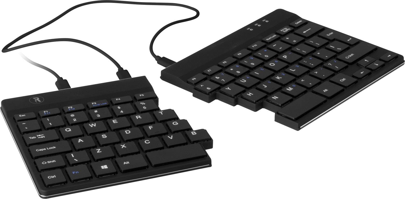 Zweiteiliges, schwarz geteiltes Ergonomie-Tastatur-Layout mit USB-Anschlüssen, entwickelt für komfortables Tippen und individuelle Positionierung.