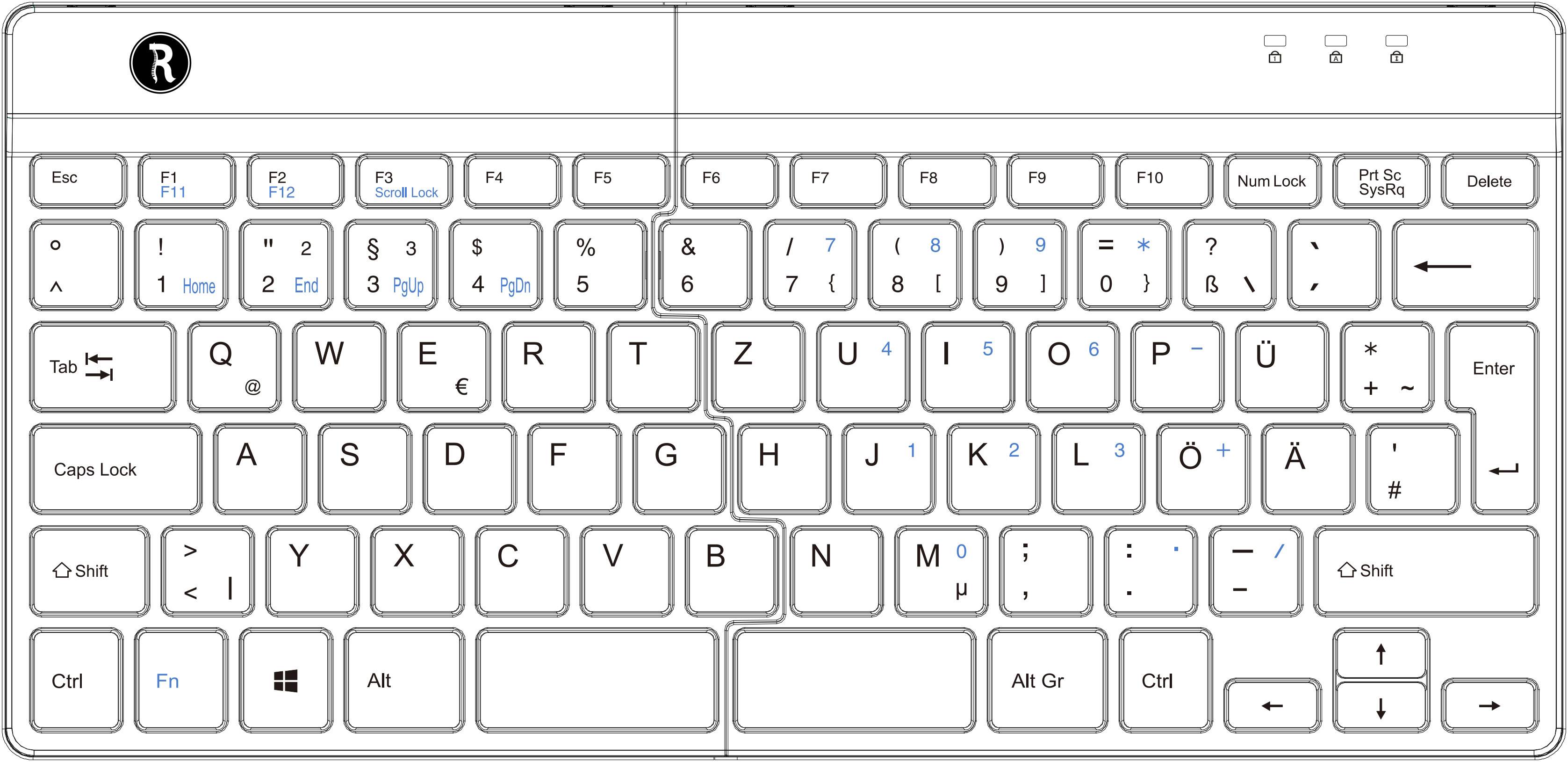 Faltbare weiße Tastatur mit Standard-QWERTZ-Layout. Sondertasten oben. Ideal für mobile Geräte oder unterwegs.