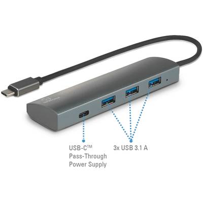Renkforce  3+1 Port USB 3.2 Gen 2-Hub mit Pass-Through Stromanschluss, mit Aluminiumgehäuse Silber