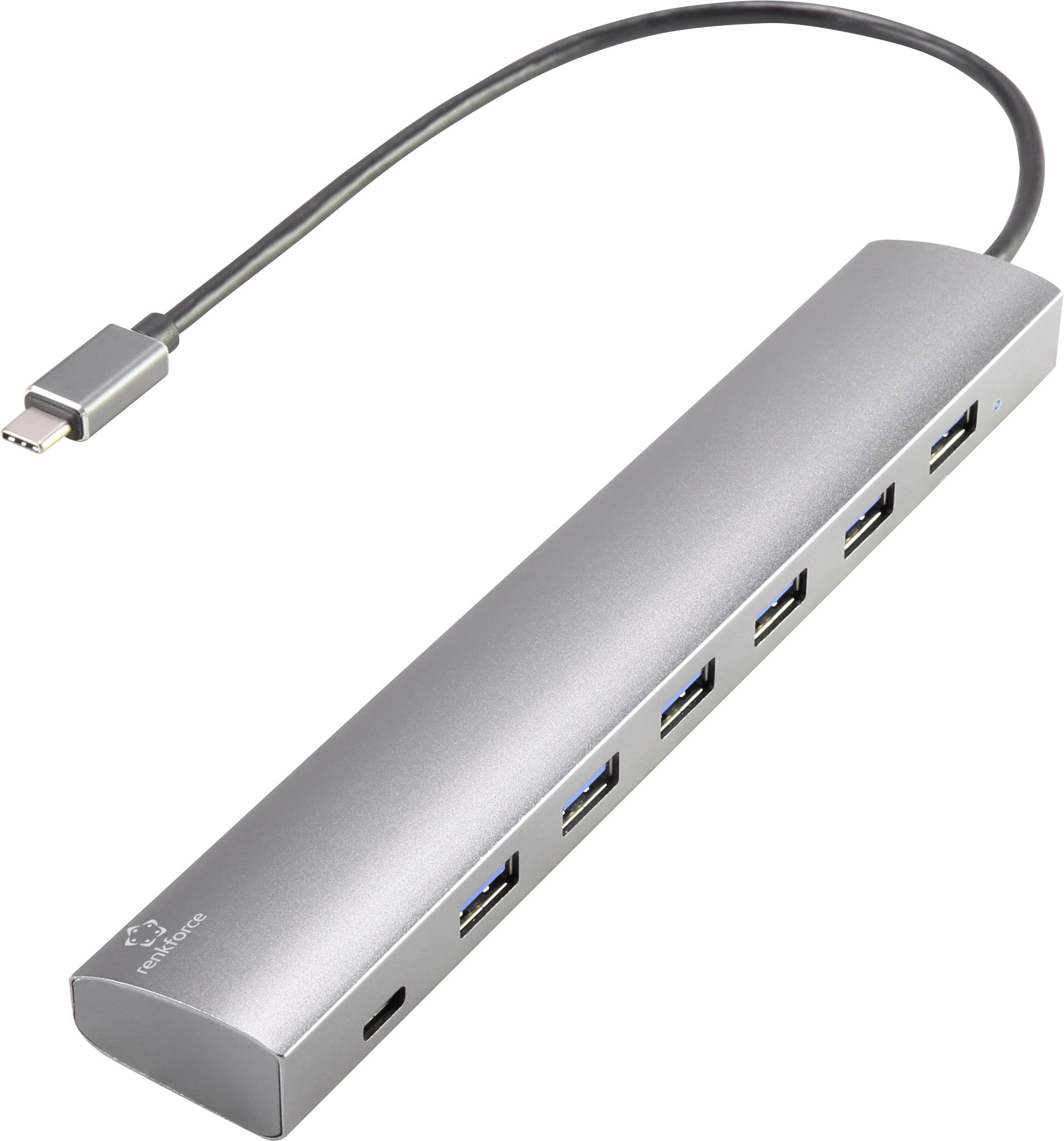 Ein silberner USB-C-Hub mit fünf USB-Anschlüssen. Der Hub ist länglich und hat ein fest angebrachtes USB-C-Kabel.