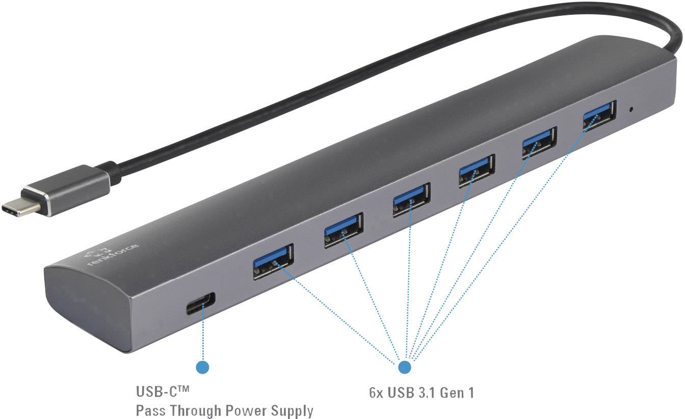 CONRAD 6+1 Port USB 3.1-Hub mit Pass-Through Stromanschluss Renkforce Silber