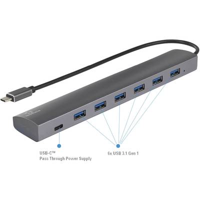 Renkforce  6+1 Port USB 3.1 Gen 1-Hub mit Pass-Through Stromanschluss, mit Aluminiumgehäuse Silber