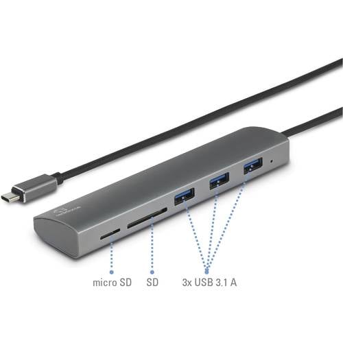 Renkforce 3 Port USB 3.2 Gen 1-Hub (USB 3.0) mit eingebautem SD-Kartenleser, mit Aluminiumgehäuse Silber