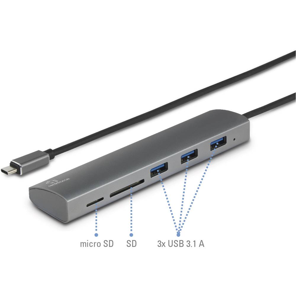 Renkforce USB 3.1-Hub met ingebouwde SD-kaartlezer, met aluminium behuizing Zilver