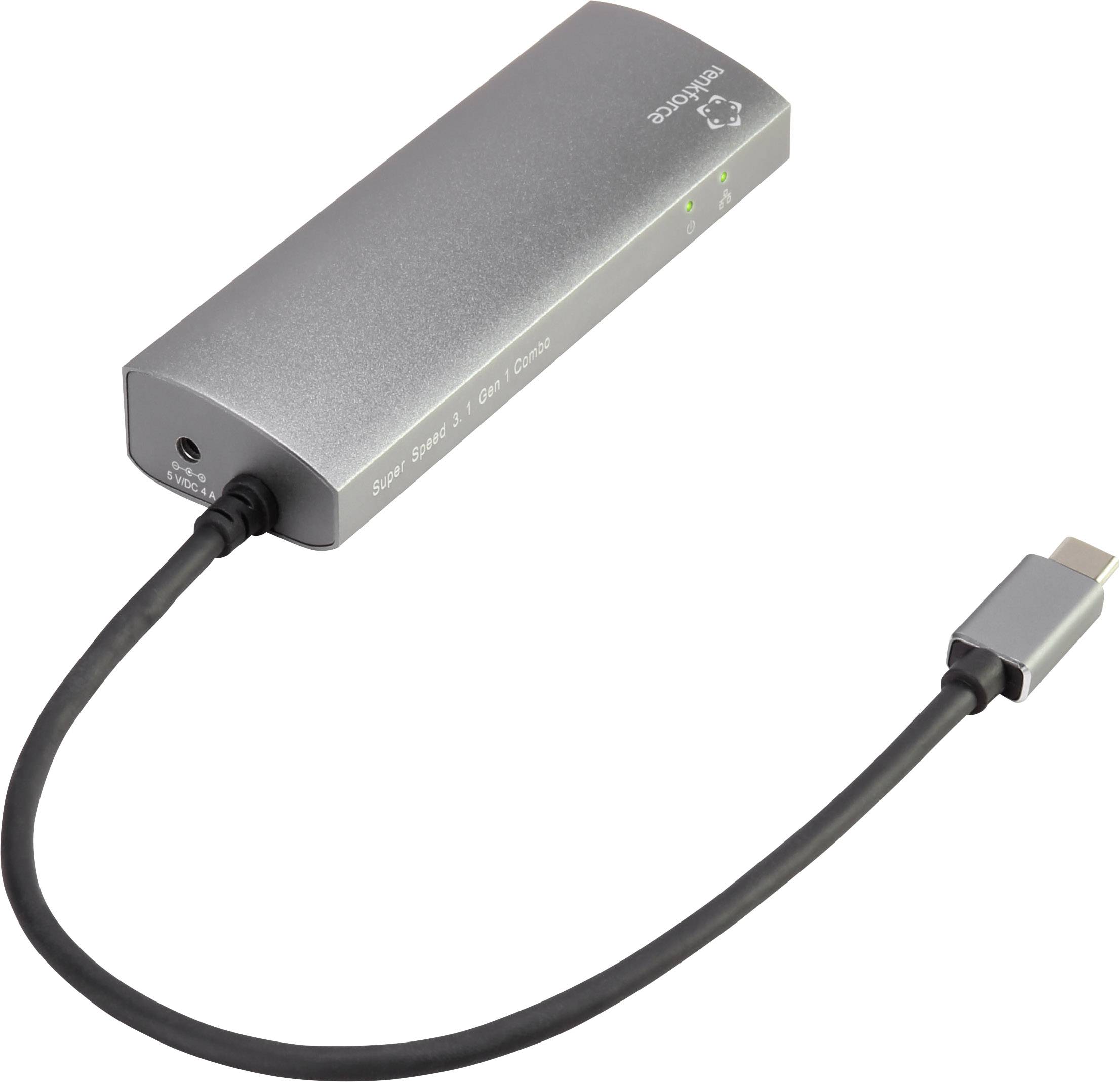 USB-C Hub, silber, mit mehreren Anschlüssen und integriertem Kabel, verbindet Geräte über USB-C, linksseitiger USB-C-Anschluss.