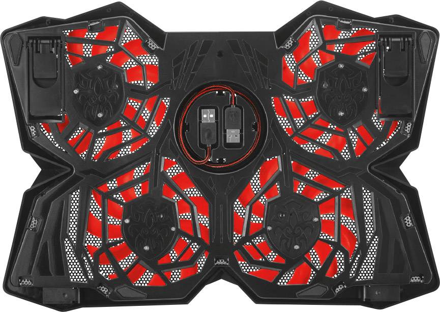 Laptop-Kühler mit auffälligem, schwarzem Design und roten LED-Lichtern. Verfügt über vier Lüfter und ist für maximale Kühlung konzipiert.