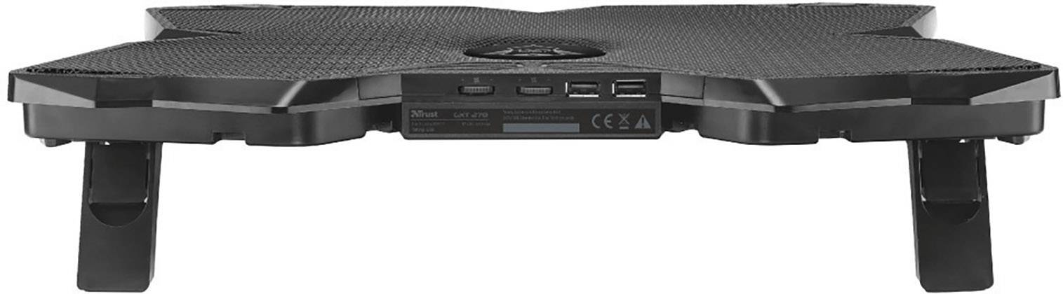Schwarzer Laptop-Kühler mit belüfteter Oberfläche, zwei USB-Anschlüssen und verstellbaren Standfüßen, Vorderansicht.