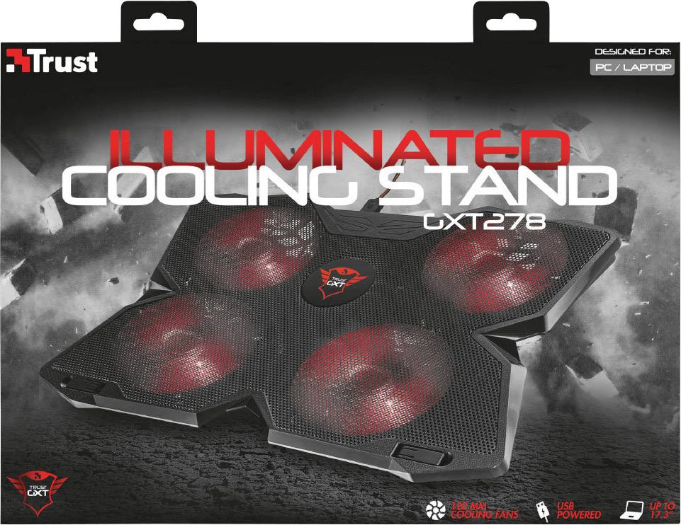 'Trust Illuminated Cooling Stand GXT 278' für PC/Laptops mit vier beleuchteten Lüftern, USB-Anschluss und ergonomischem Design.