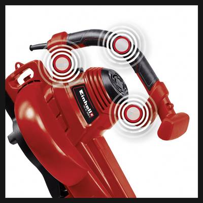 Roter Laubbläser mit betontem Griff- und Bedienelement, Modell 'Einhell'. Vibrationen werden an verschiedenen Punkten dargestellt.