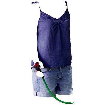 Eine blaue Bluse mit Spitzendetails und eine blaue Shorts aus Jeansstoff. An der Seite ist ein grüner Gartenschlauch angebracht.