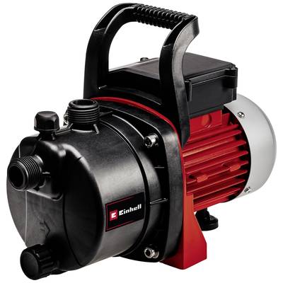 Eine schwarze und rote Wasserpumpe mit Tragegriff, Anschlüssen und einem silbernen Motor auf der rechten Seite.