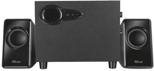 Schwarzes Lautsprecherset bestehend aus zwei kleinen Boxen und einem Subwoofer, prominent positioniert, geeignet für PC oder Home-Entertainment.