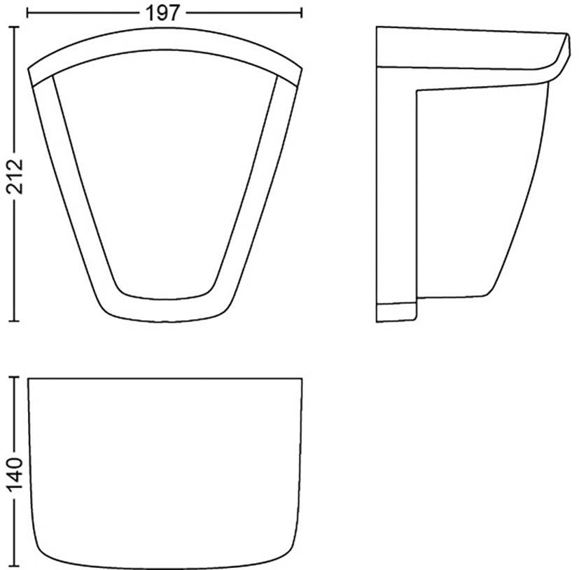 Technische Zeichnung eines Behälters mit den Maßen: Breite 197 mm, Höhe 212 mm, Tiefe 140 mm. Ansicht von vorne, seitlich und unten.