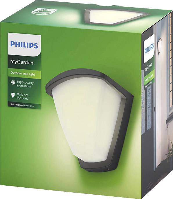 Verpackung einer Philips myGarden Außenwandleuchte aus Aluminium, geeignet für E27-Birnen. Bild zeigt montierte Leuchte an einer Hauswand.