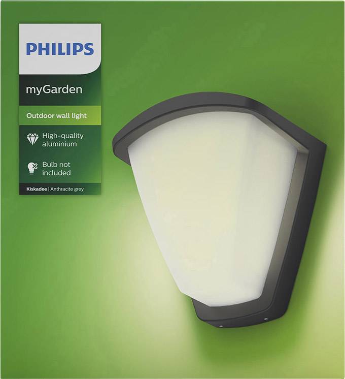 Außenwandleuchte 'Philips myGarden', hochwertige Aluminiumkonstruktion, ohne Glühbirne. Grün hinterlegtes Produktbild.